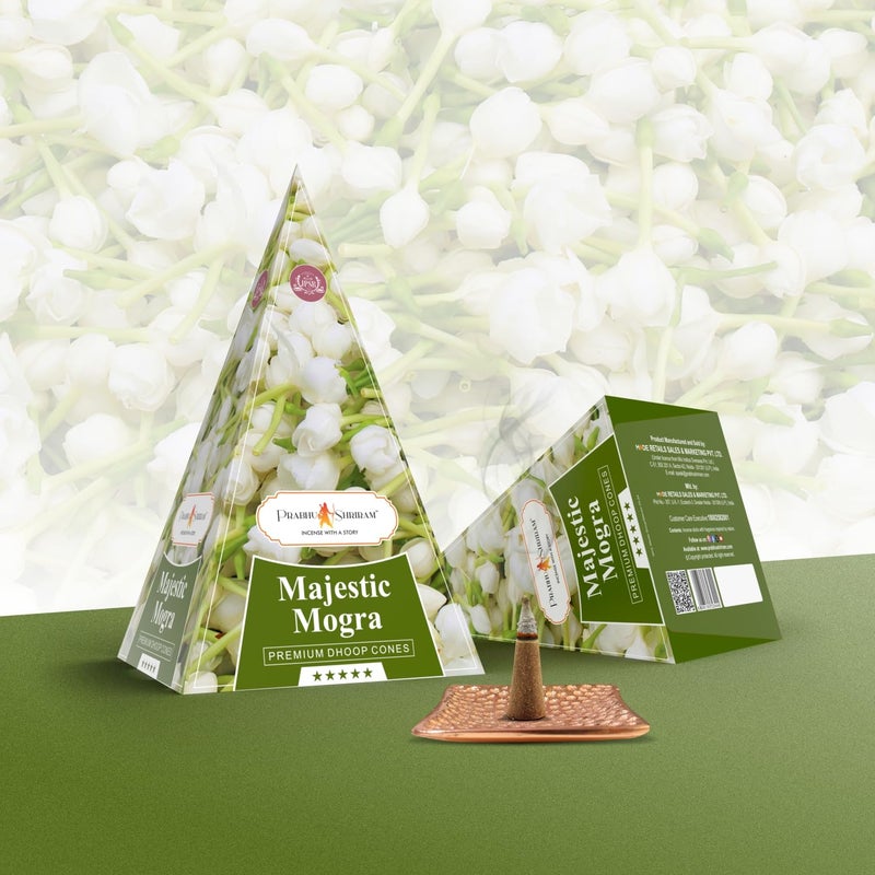 JPSR Prabhu Shriram Majestic Mogra Premium Phool Dhoop Cones – 30 Natural Incense Cones with Divine Arabian Jasmine Fragrance for Meditation, Pooja, and Spiritual Serenity - Image 4