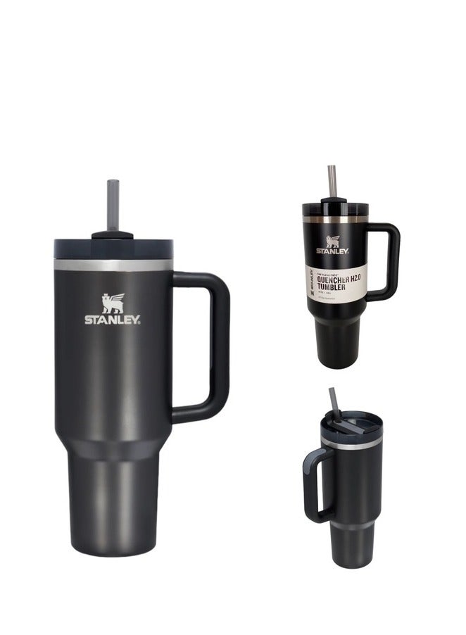 Stanley Quencher H2.0 FlowState 40oz Black Stainless Steel Vacuum Insulated Tumbler with Leakproof Lid & Reusable Straw – Double-Walled Thermal Travel Mug for Hot and Cold Drinks – Keeps Beverages Hot for 7 Hours or Cold for 24 Hours – Durable, Portable, and Eco-Friendly – Ideal for Office, Gym, Travel & Outdoor Use  - Image 1