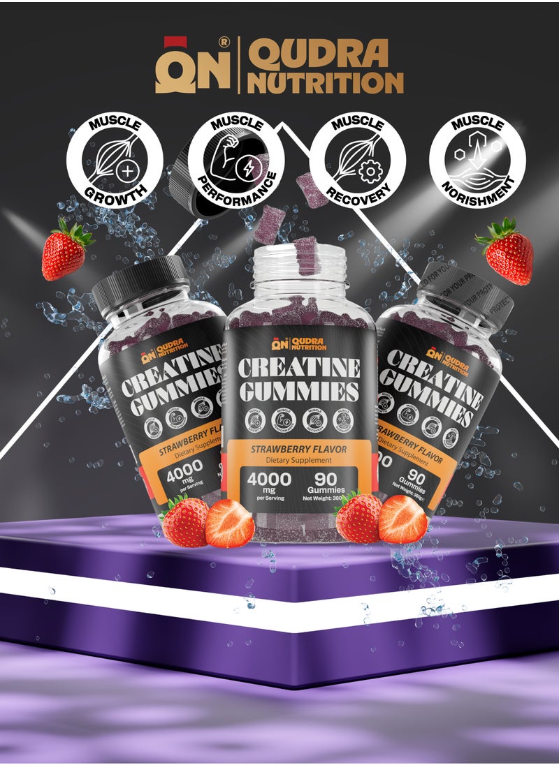 4000mg Creatine 90 Gummies, High Strength Creatine Monohydrate for Muscle Growth, Power & Recovery (Vegan Strawberry Flavour) 3rd Party Tested for Active Content Used for Men and Women