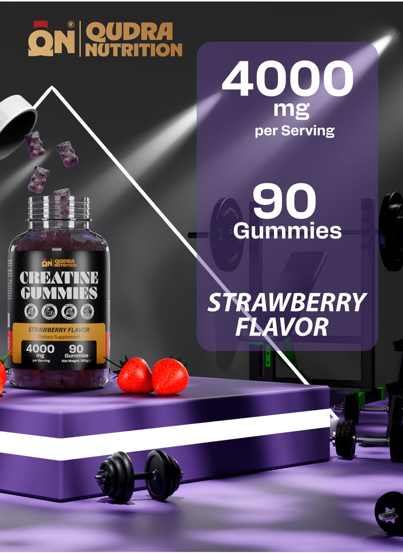 4000mg Creatine 90 Gummies, High Strength Creatine Monohydrate for Muscle Growth, Power & Recovery (Vegan Strawberry Flavour) 3rd Party Tested for Active Content Used for Men and Women