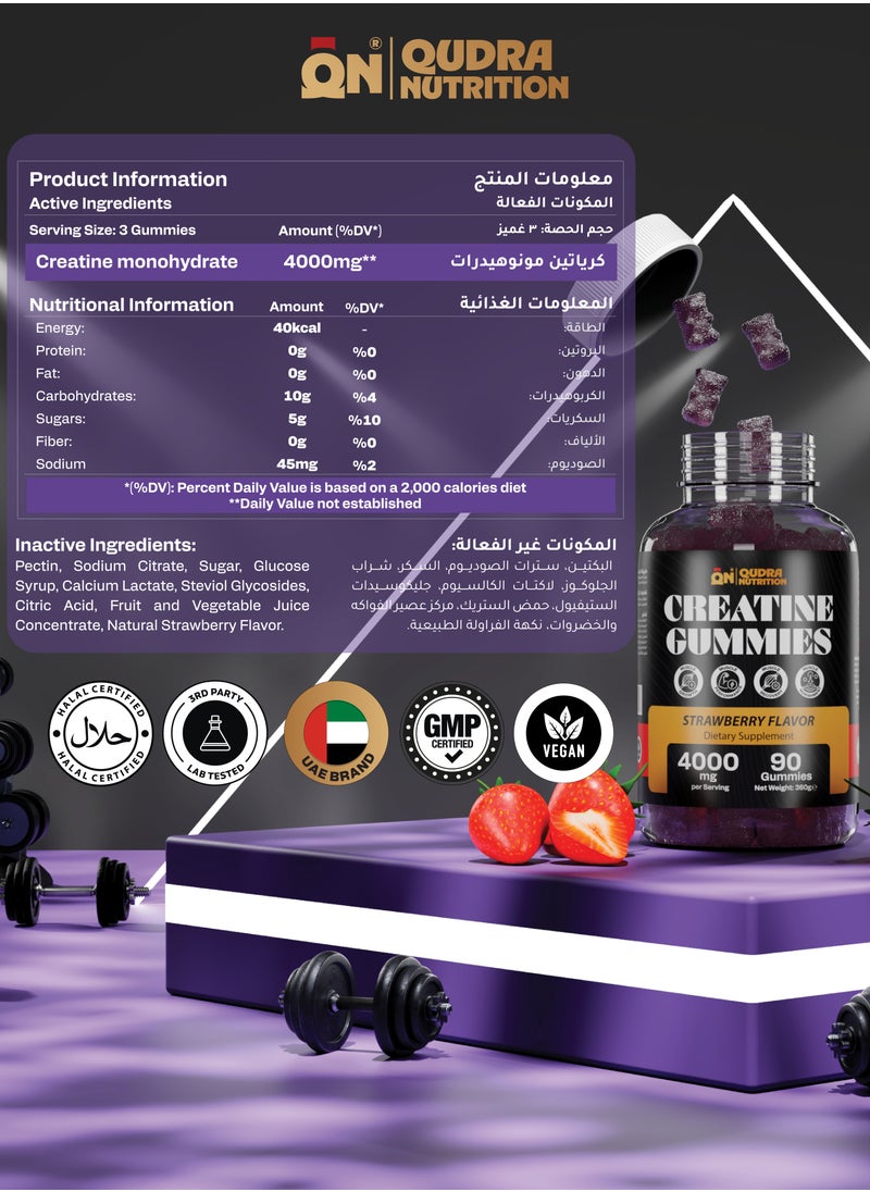 4000mg Creatine 90 Gummies, High Strength Creatine Monohydrate for Muscle Growth, Power & Recovery (Vegan Strawberry Flavour) 3rd Party Tested for Active Content Used for Men and Women