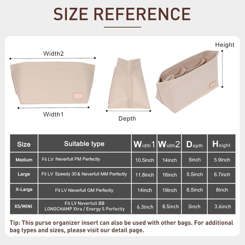 OAikor Purse Organizer Insert Compatible with Neverfull GM and More, Felt Zipper Bag Insert Liner with Base Shaper for Women Tote Handbags, Beige, XL - Image 2