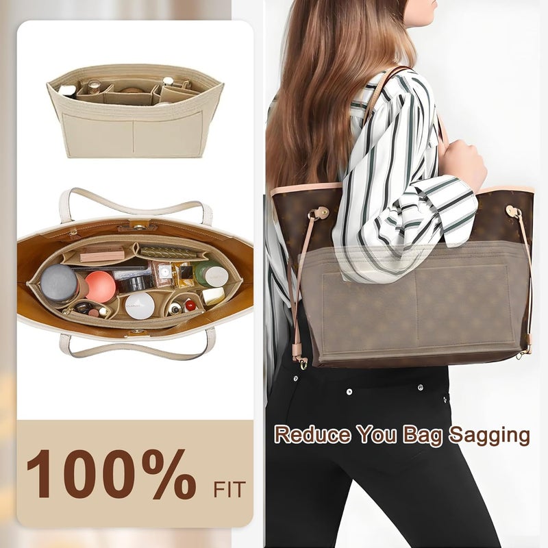 OAikor Purse Organizer Insert Compatible with Neverfull GM and More, Felt Zipper Bag Insert Liner with Base Shaper for Women Tote Handbags, Beige, XL - Image 4