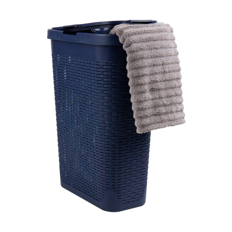 Mind Reader Slim Laundry Hamper with Lid 40L Clothes Basket Premium Wicker Design Plastic Navy