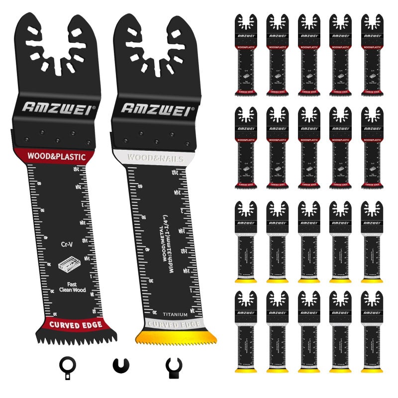 AMZWEI 20 Pcs Extra Long Titanium Oscillating Tool Blades & Japanese Teeth, Curved Edge Multitool Blades for Metal, Wood, Plastic, Oscillating Saw Blades Compatible with Dewalt Bosch Milwaukee Ryobi - Image 1
