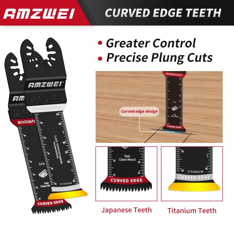 AMZWEI 20 Pcs Extra Long Titanium Oscillating Tool Blades & Japanese Teeth, Curved Edge Multitool Blades for Metal, Wood, Plastic, Oscillating Saw Blades Compatible with Dewalt Bosch Milwaukee Ryobi - Image 3