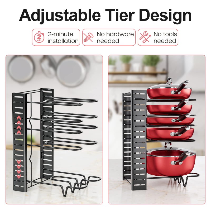 MUDEELA Pots and Pans Organizer Rack under Cabinet, 8-Tier Kitchen Organizers and Storage Pot Racks, Adjustable Pot Organizers inside Cabinet with 3 DIY Methods - Image 5