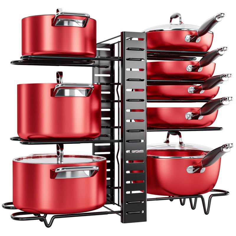 MUDEELA Pots and Pans Organizer Rack under Cabinet, 8-Tier Kitchen Organizers and Storage Pot Racks, Adjustable Pot Organizers inside Cabinet with 3 DIY Methods - Image 1