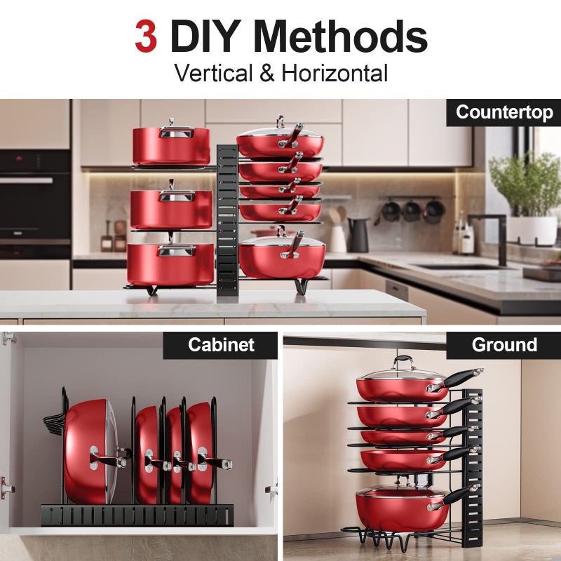 MUDEELA Pots and Pans Organizer Rack under Cabinet, 8-Tier Kitchen Organizers and Storage Pot Racks, Adjustable Pot Organizers inside Cabinet with 3 DIY Methods - Image 3
