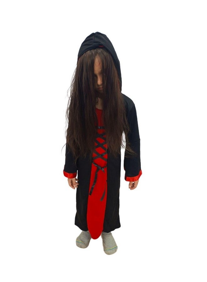 BookMyCostume BookMyCostume Red and Black Halloween Costume for Girls | Witch costume for girls Gown with scary attached hood and Pumpkin Basket Combo 6-7 Years - Image 2