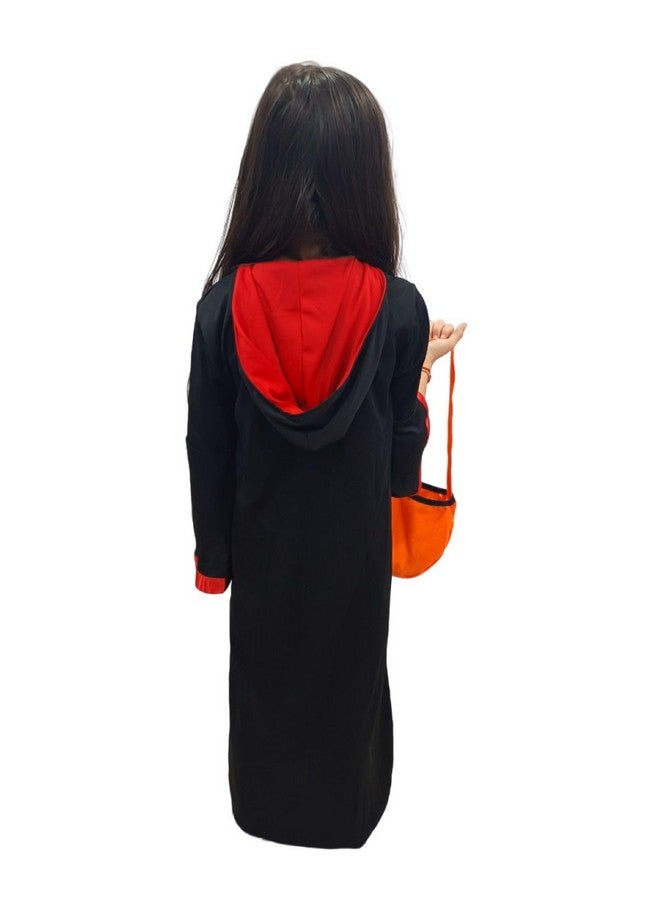 BookMyCostume BookMyCostume Red and Black Halloween Costume for Girls | Witch costume for girls Gown with scary attached hood and Pumpkin Basket Combo 6-7 Years - Image 3
