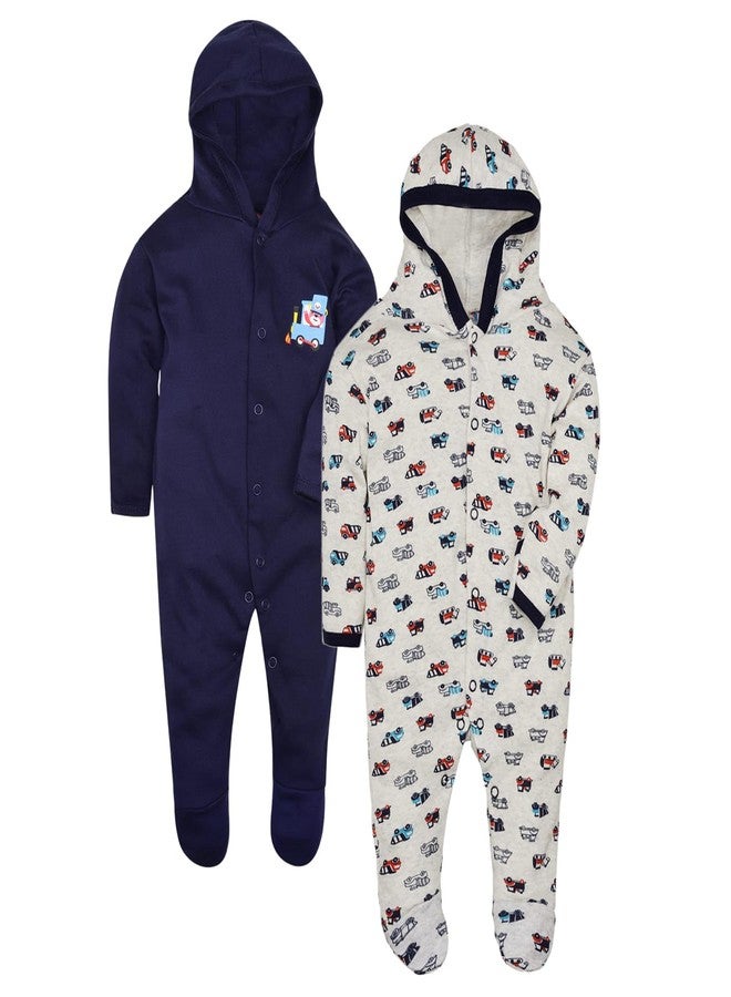 Magic Town® 100% Cotton Unisex Hooded Rompers for Kids and Infants Set of 2 (Navy Blue) (3-6 Months) - Image 1