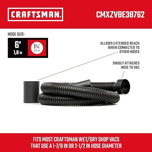 CRAFTSMAN CMXZVBE38762 114 in x 6 ft Friction Fit Wet Dry Vac Hose Attachment Kit Fits Most WetDry Vacuums with a 212 inch Drum Inlet and Attaches to 114 in Accessories - Image 3