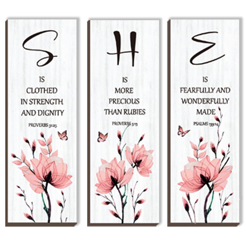 DONFENTHY 3 Pieces Inspirational Pink Floral Wall Decor Wooden Hanging Wall Art Christian Quotes SHE Word Sign Gift for Girl Teen Women Bedroom Bathroom Living Room Nursery Office (Pink 12x4 Inch) - Image 1