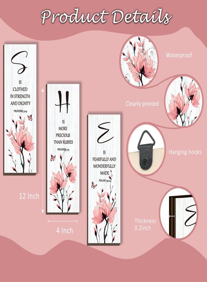 DONFENTHY 3 Pieces Inspirational Pink Floral Wall Decor Wooden Hanging Wall Art Christian Quotes SHE Word Sign Gift for Girl Teen Women Bedroom Bathroom Living Room Nursery Office (Pink 12x4 Inch) - Image 4