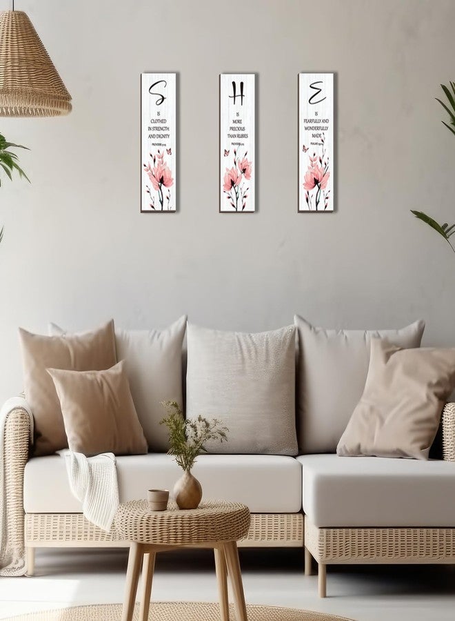 DONFENTHY 3 Pieces Inspirational Pink Floral Wall Decor Wooden Hanging Wall Art Christian Quotes SHE Word Sign Gift for Girl Teen Women Bedroom Bathroom Living Room Nursery Office (Pink 12x4 Inch) - Image 5