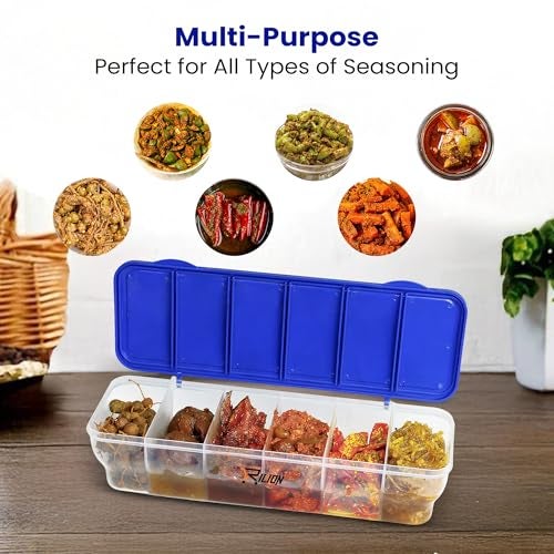 RILION Multipurpose 6-in-1 Masala Box for Kitchen| Airtight BPA-Free Plastic 6 Section Storage Container with 6 Spoons, 1800 ml Transparent Pickle Box for Spices| Dry Fruits, Snacks Pack Of 1 Blue - Image 2