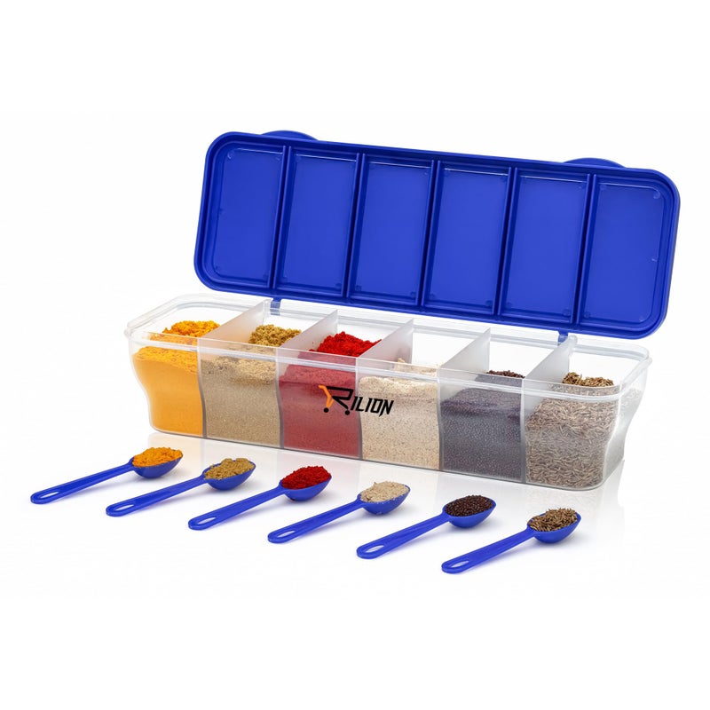 RILION Multipurpose 6-in-1 Masala Box for Kitchen| Airtight BPA-Free Plastic 6 Section Storage Container with 6 Spoons, 1800 ml Transparent Pickle Box for Spices| Dry Fruits, Snacks Pack Of 1 Blue - Image 5