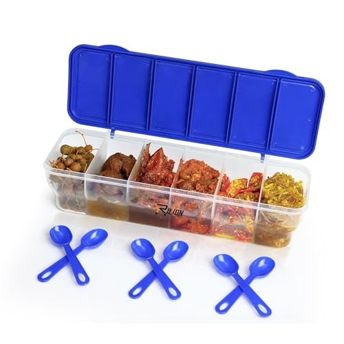 RILION Multipurpose 6-in-1 Masala Box for Kitchen| Airtight BPA-Free Plastic 6 Section Storage Container with 6 Spoons, 1800 ml Transparent Pickle Box for Spices| Dry Fruits, Snacks Pack Of 1 Blue - Image 3