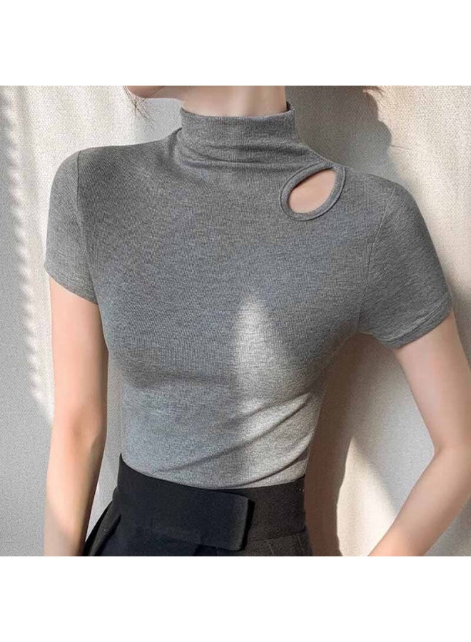 Nome Women's Short Sleeve High Neck T-shirt Hollow Out Design Basic Top Dark Grey M - Image 4