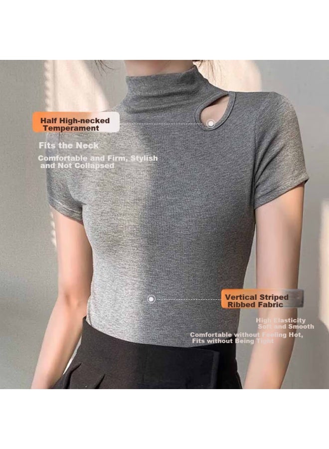 Nome Women's Short Sleeve High Neck T-shirt Hollow Out Design Basic Top Dark Grey M - Image 2