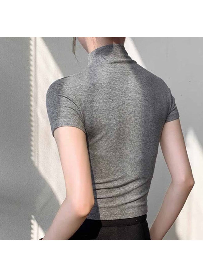 Nome Women's Short Sleeve High Neck T-shirt Hollow Out Design Basic Top Dark Grey M - Image 5