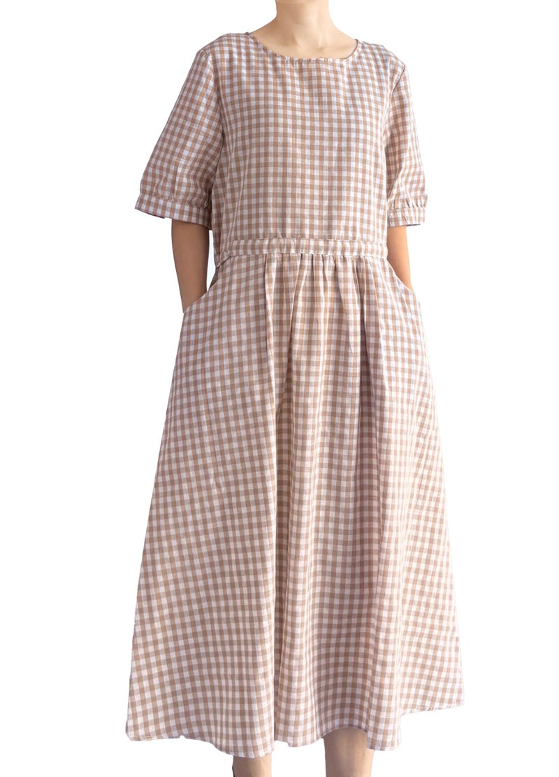 Minibee Womens Cotton Linen Dress Summer Short Sleeve Casual Plaid Flowy ALine Midi Dresses with Pockets Khaki XLarge