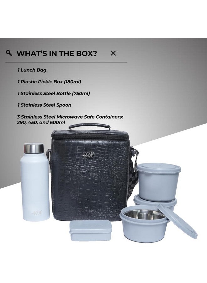 KOI طقم صندوق غداء KOI الفاخر مع حقيبة معزولة وأدوات مائدة - 3 حاويات فولاذية آمنة في الميكروويف خالية من BPA (290 مل، 450 مل، 600 مل)، صندوق مخلل بلاستيكي (180 مل)، وزجاجة ماء فولاذية سعة 750 مل (أسود كروكو) - Image 3