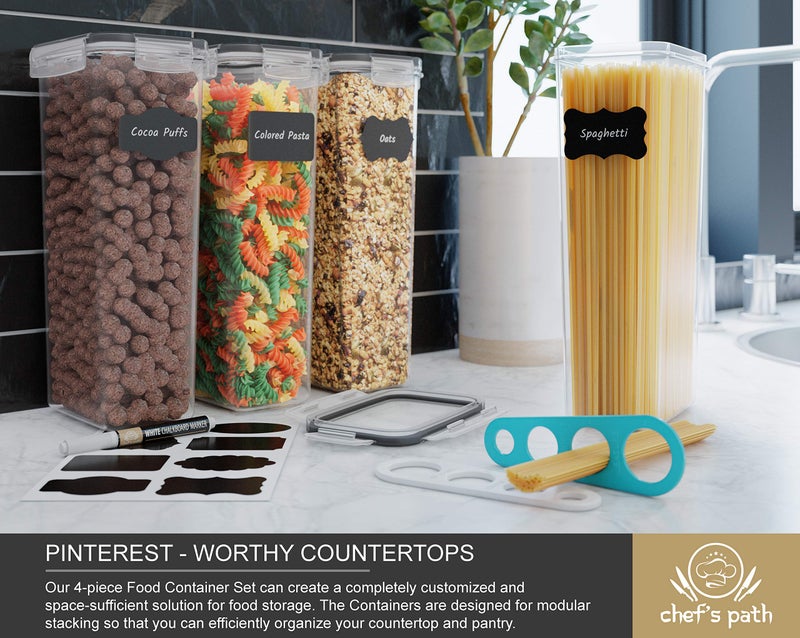Chef's Path Airtight Food Storage Containers (Set of 4, 2.8L) - Tall for Pantry & Kitchen Organization, Pasta, Spaghetti, Noodles, Cereal - Lids, Noodle Measure and Reusable Labels Included - Image 3
