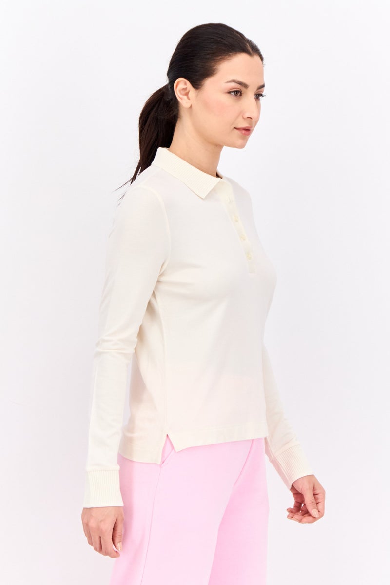 GANT Women Spread Collar Long Sleeves Solid Polo Shirt, Cream  - Image 3