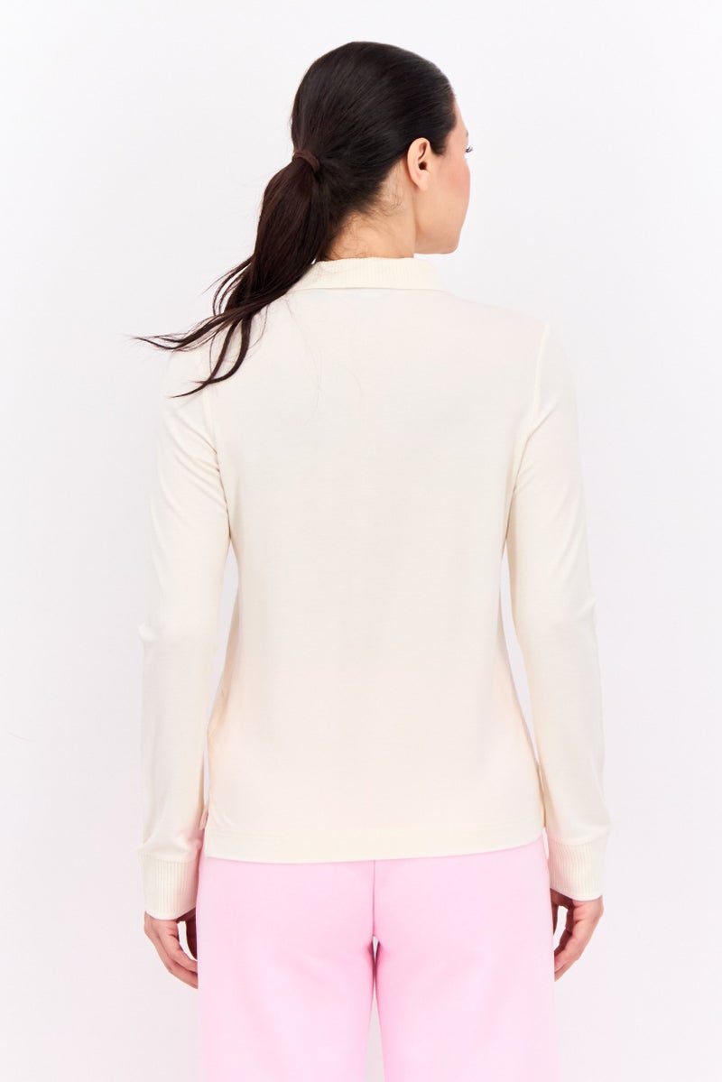 GANT Women Spread Collar Long Sleeves Solid Polo Shirt, Cream  - Image 2