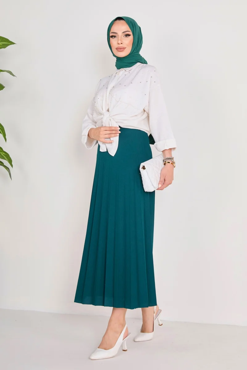 Tofisa 23035-ZUMRUT Pleated Skirt