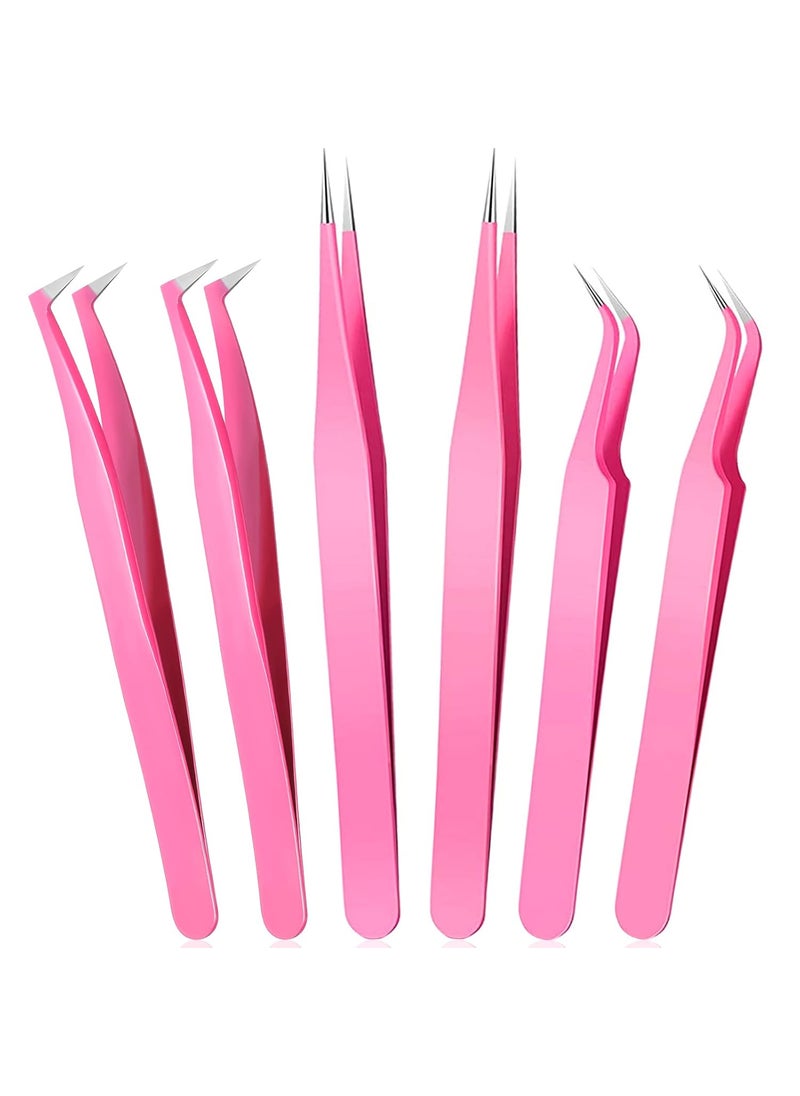 Mudder 6Pack Eyelash Extension Tweezers Stainless Steel Straight Curved Tip Tweezers Single Eyelash False Eyelash Application ToolsPink 