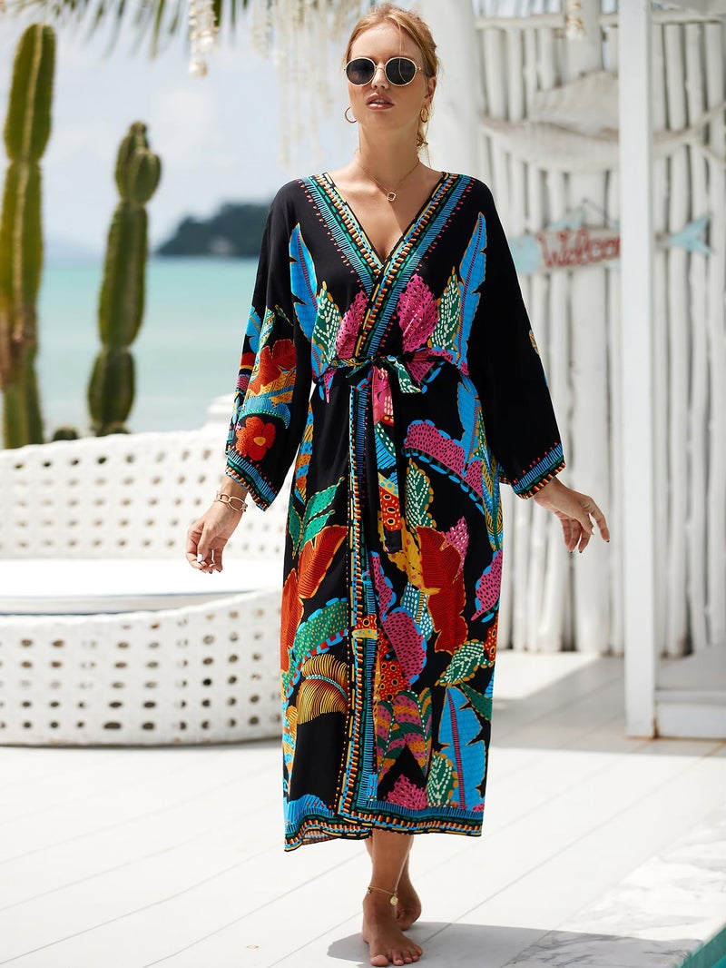 IMAGEKOPE Women’s Kimono Cover Up Long Beach Dress Swimsuit Cover Ups Colorful Cardigan Lightweight Robe for Swimwear - Image 4