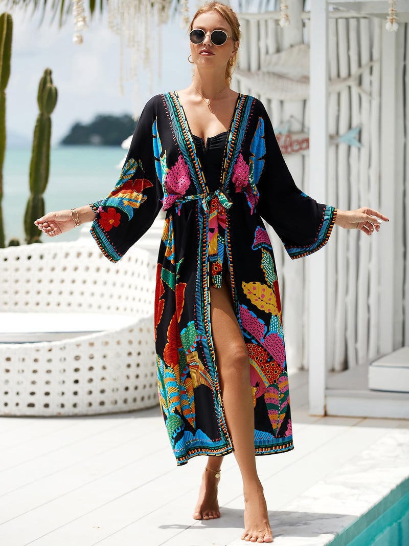 IMAGEKOPE Women’s Kimono Cover Up Long Beach Dress Swimsuit Cover Ups Colorful Cardigan Lightweight Robe for Swimwear - Image 3