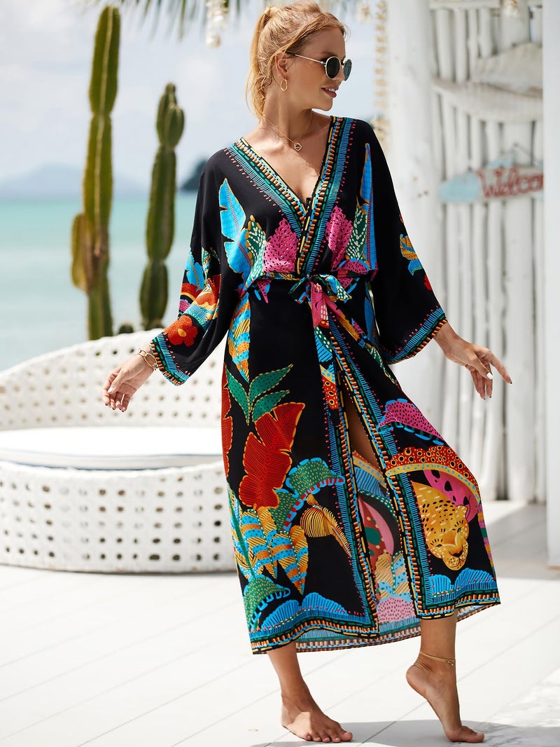 IMAGEKOPE Women’s Kimono Cover Up Long Beach Dress Swimsuit Cover Ups Colorful Cardigan Lightweight Robe for Swimwear - Image 5