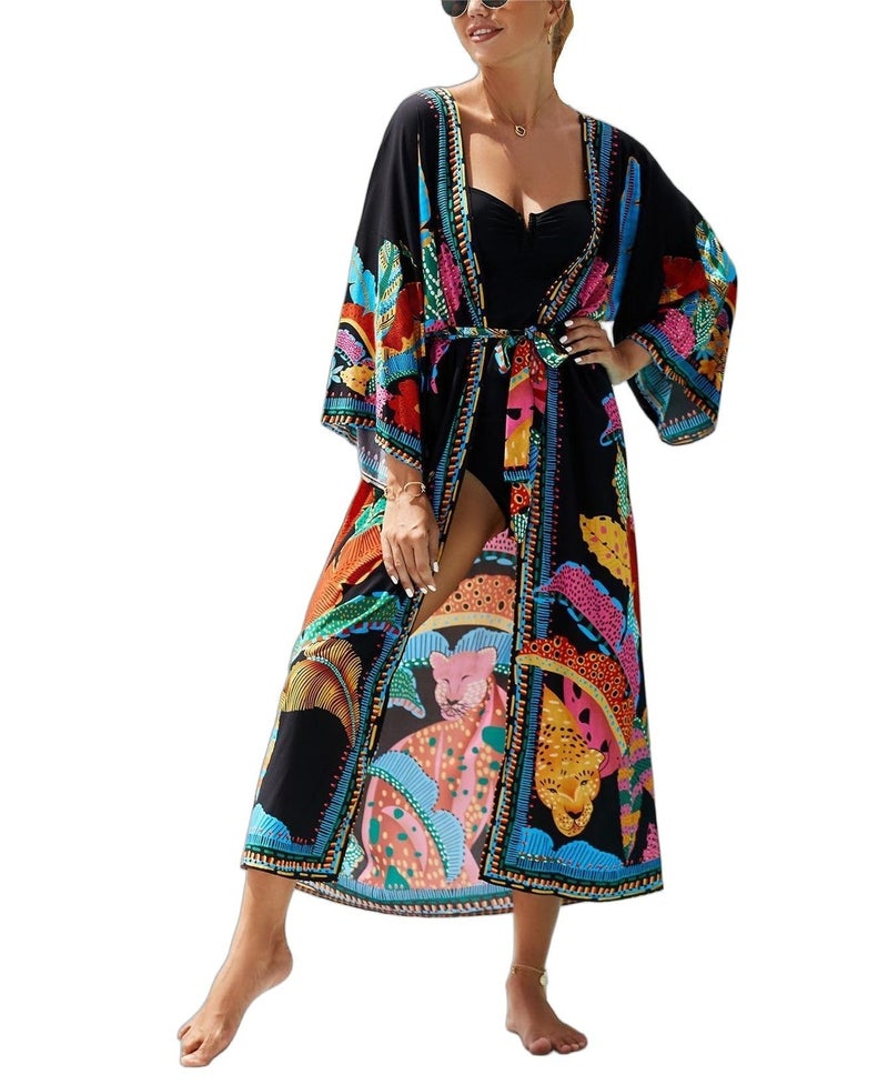 IMAGEKOPE Women’s Kimono Cover Up Long Beach Dress Swimsuit Cover Ups Colorful Cardigan Lightweight Robe for Swimwear - Image 1