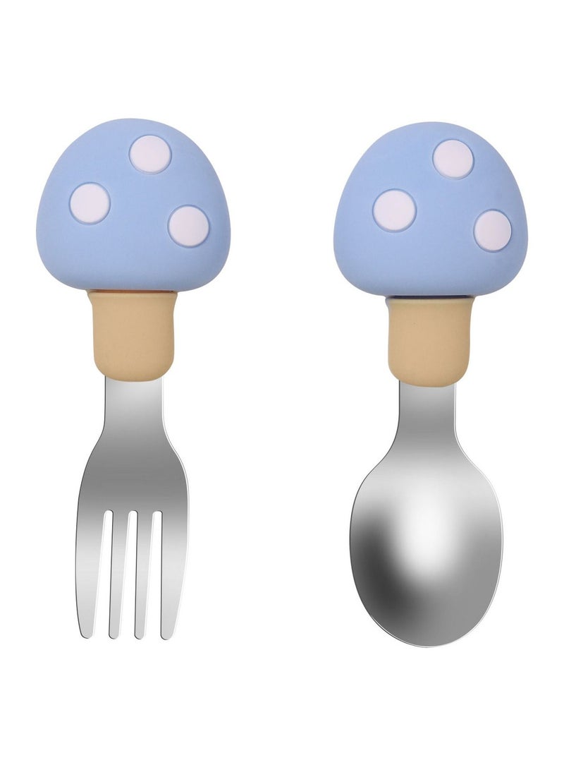 هايلاند طقم ملاعق وشوكة للأطفال من الفولاذ المقاوم للصدأ بمقبض قصير من قطعتين باللون الأزرق مع علبة - Image 1