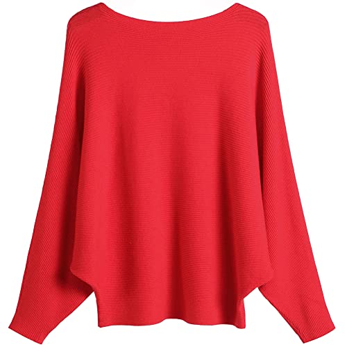 Ckikiou Womens Lightweight Oversized Boat Neck Sweaters Tops Dolman Batwing Sleeve Ribbed Knitted Pullovers Bright Red - Image 1