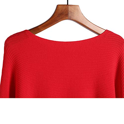 Ckikiou Womens Lightweight Oversized Boat Neck Sweaters Tops Dolman Batwing Sleeve Ribbed Knitted Pullovers Bright Red - Image 2