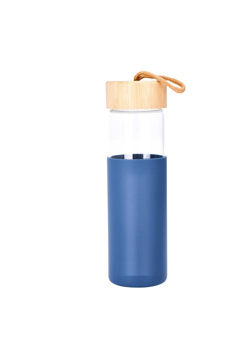 Excefore Glass Water Bottle, 500ML Gym Drinking Bottles with Slip Resistant Silicone Sleeve and Leak Proof Bamboo Lid, Clear Sports Bottle Made of Borosilicate Glass, Blue  - Image 1