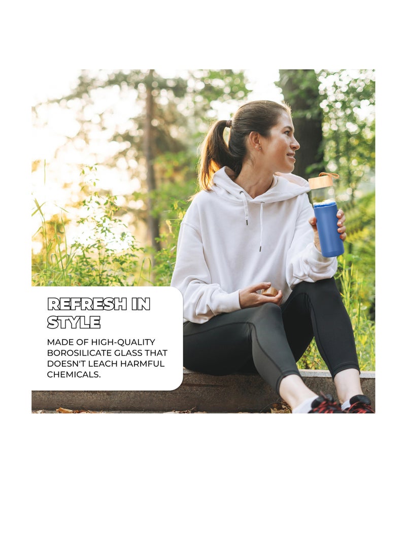 Excefore Glass Water Bottle, 500ML Gym Drinking Bottles with Slip Resistant Silicone Sleeve and Leak Proof Bamboo Lid, Clear Sports Bottle Made of Borosilicate Glass, Blue  - Image 4