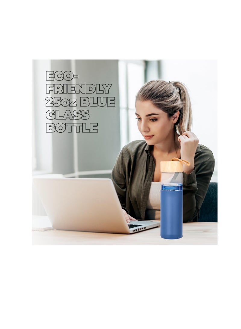 Excefore Glass Water Bottle, 500ML Gym Drinking Bottles with Slip Resistant Silicone Sleeve and Leak Proof Bamboo Lid, Clear Sports Bottle Made of Borosilicate Glass, Blue  - Image 2