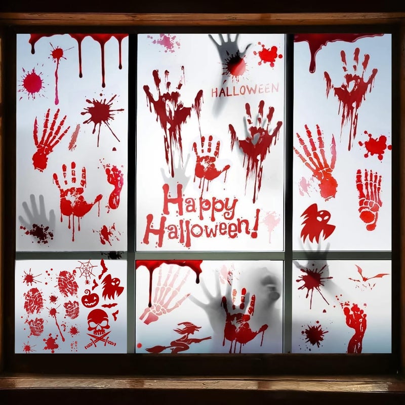 KOSIMI Halloween Decorations  8 Sheet/95Pcs Halloween Bloody Handprint Footprint Wall Decal Floor Clings  Horror Handprint Home PVC Halloween Decoration Window Stickers - Image 2