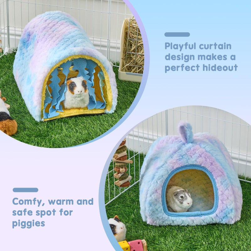 Avont 2 Pack Guinea Pig Hideout Bed and Tunnel Toys Set with Curtain, Washable Soft Plush Bunny Hideaway House Tube Cage Accessories for Small Animal Pet, Rabbits Chinchilla Hamster Ferret Rat -Blue - Image 4
