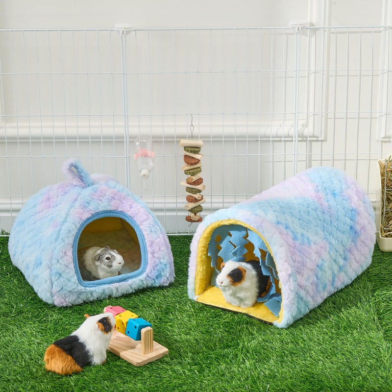 Avont 2 Pack Guinea Pig Hideout Bed and Tunnel Toys Set with Curtain, Washable Soft Plush Bunny Hideaway House Tube Cage Accessories for Small Animal Pet, Rabbits Chinchilla Hamster Ferret Rat -Blue - Image 2