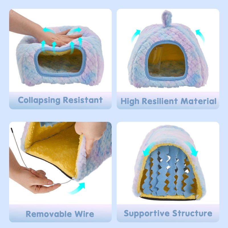 Avont 2 Pack Guinea Pig Hideout Bed and Tunnel Toys Set with Curtain, Washable Soft Plush Bunny Hideaway House Tube Cage Accessories for Small Animal Pet, Rabbits Chinchilla Hamster Ferret Rat -Blue - Image 3