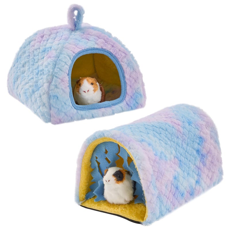 Avont 2 Pack Guinea Pig Hideout Bed and Tunnel Toys Set with Curtain, Washable Soft Plush Bunny Hideaway House Tube Cage Accessories for Small Animal Pet, Rabbits Chinchilla Hamster Ferret Rat -Blue - Image 1