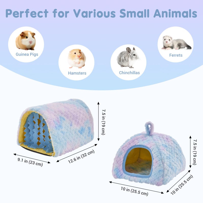 Avont 2 Pack Guinea Pig Hideout Bed and Tunnel Toys Set with Curtain, Washable Soft Plush Bunny Hideaway House Tube Cage Accessories for Small Animal Pet, Rabbits Chinchilla Hamster Ferret Rat -Blue - Image 5