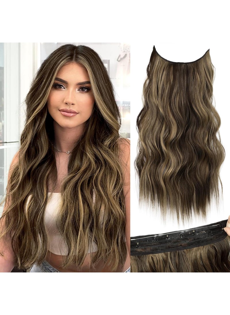KooKaStyle KooKaStyle Invisible Wire Hair Extensions with Transparent Headband Adjustable Size 4 Secure Clips Long Wavy Highlight Synthetic Hairpieces 20 Inch Balayage Chocolate Brown to Caramel Blonde for Women 